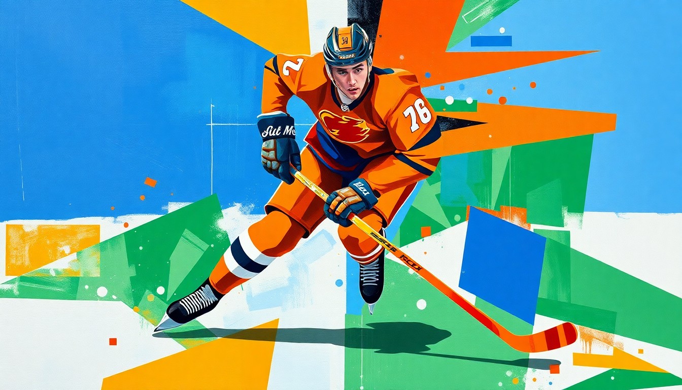 A fragmented, geometric painting depicting the dynamic motion of a hockey player, with sharp planes of blue, orange, and green overlapping to create a sense of energy and movement.
