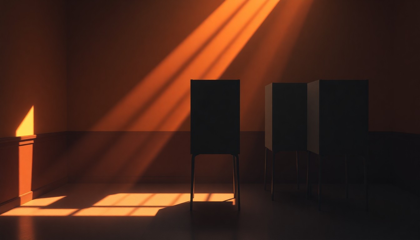 A serene, cinematic painting depicting an empty voting booth in a dimly lit room, with warm sunlight streaming in through a window and casting long shadows across the floor, conveying a sense of political uncertainty and the potential barriers to voting access.