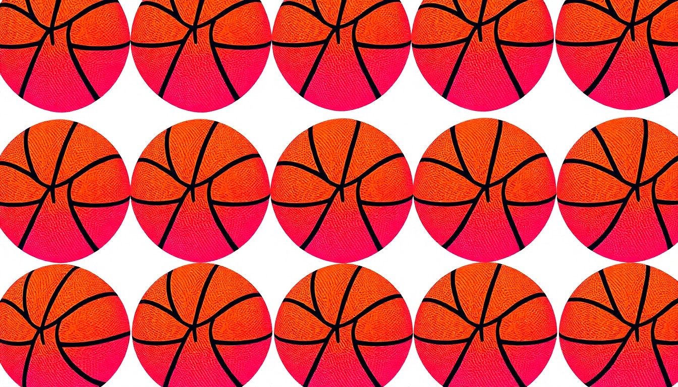 A bold, stylized silkscreen illustration of a basketball rendered in a vibrant neon color palette, the iconic sports object repeated in a tight grid pattern to create a modern pop art interpretation.