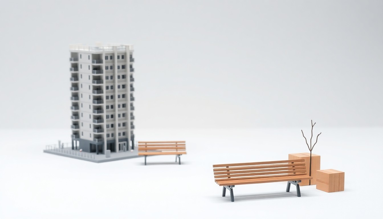 A minimalist studio still life featuring a scale model of a high-rise building, a park bench, and abstract shapes representing retail spaces, all arranged on a clean, monochromatic background to convey a sense of urban planning and development.