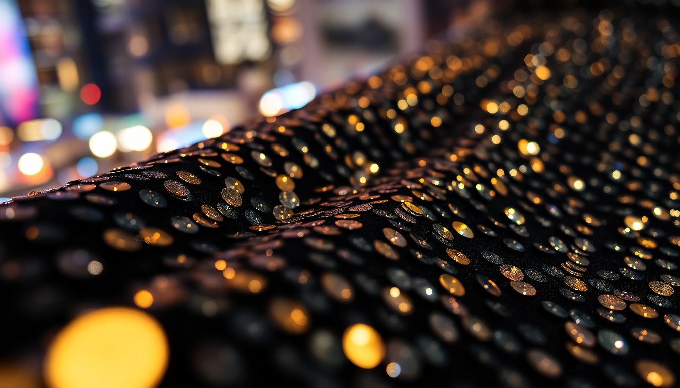 An extreme close-up photograph of shimmering sequins on a black fabric, reflecting bright city lights in a high-contrast, glamorous studio lighting setup.