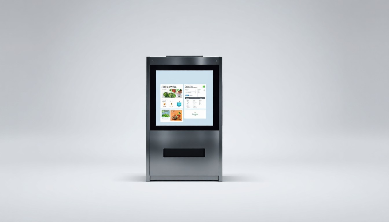 A sleek, modern self-service kiosk made of polished stainless steel and glass, with a glowing touchscreen display, placed on a clean, white seamless background and using dramatic studio lighting to represent the advanced technology and efficiency of automated dining solutions.
