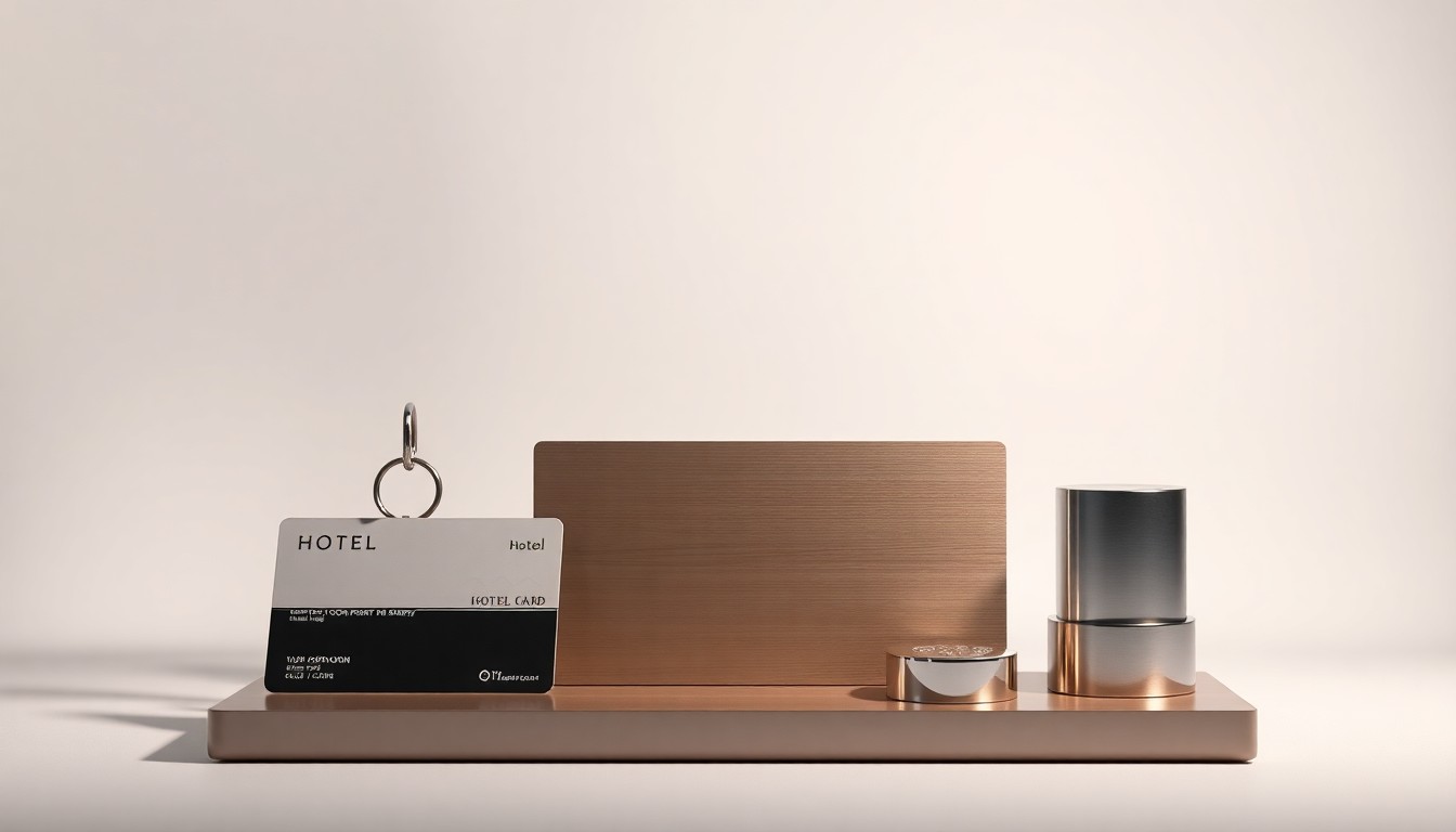 A high-end, photorealistic studio still-life photograph featuring a collection of premium, polished objects representing the hospitality industry, such as a hotel key card, a stylized hotel room sign, and a sleek, modern hotel amenity, arranged elegantly on a clean, monochromatic seamless background using sharp, dramatic studio lighting and deep shadows.