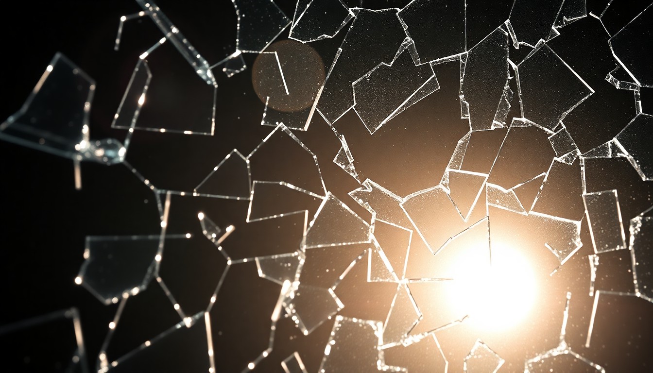 An abstract close-up photograph of shattered glass reflecting a single spotlight, conveying the fragility and high-pressure nature of celebrity life.
