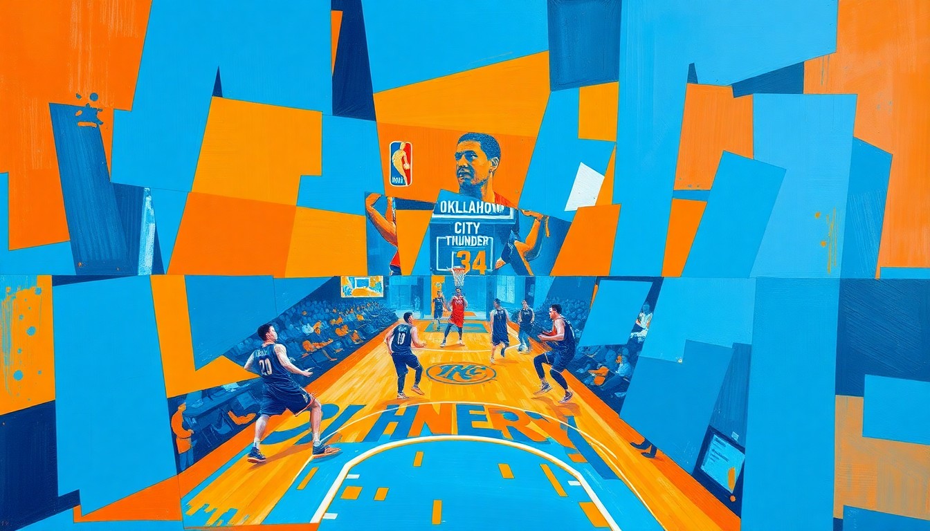A cubist, geometric painting featuring overlapping planes of bright blue and orange, conceptually representing the energy and excitement of the Oklahoma City Thunder's playoff run.