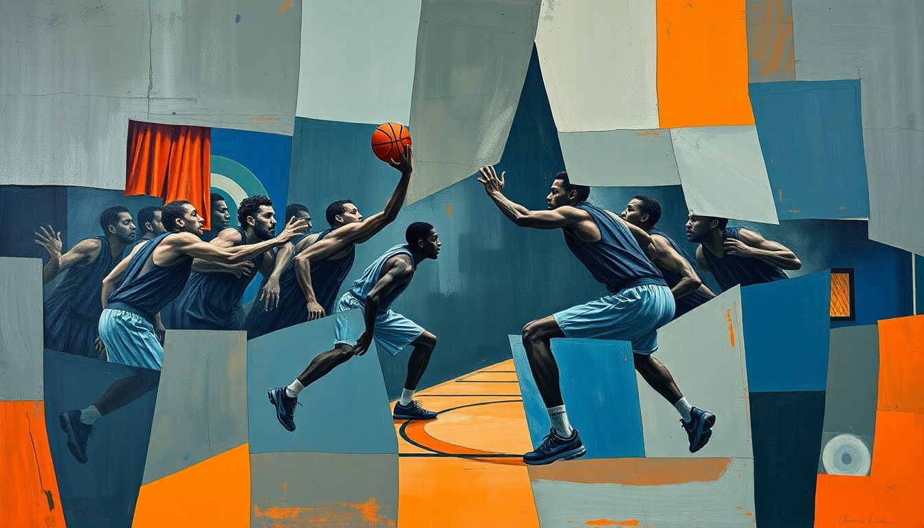 A fragmented, cubist-style painting depicting a basketball game between incarcerated individuals, with the players and court broken down into sharp, overlapping geometric shapes in a muted color palette, conveying the competitive spirit and rehabilitative focus of the Oklahoma Inmate Games.