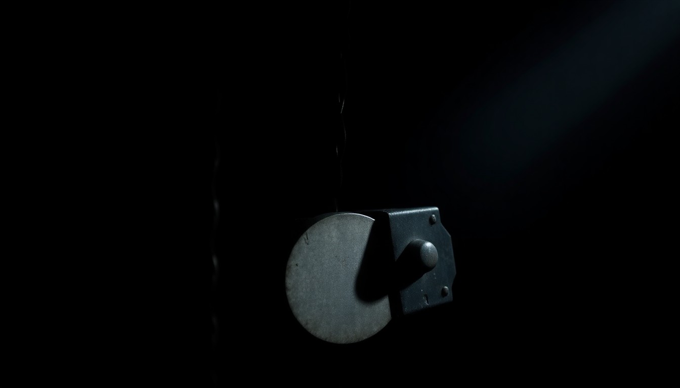 An extreme close-up of a rusted prison cell lock, the harsh flash illuminating its textured surface and casting dramatic shadows, conceptually representing the gritty investigation into a violent crime committed behind bars.