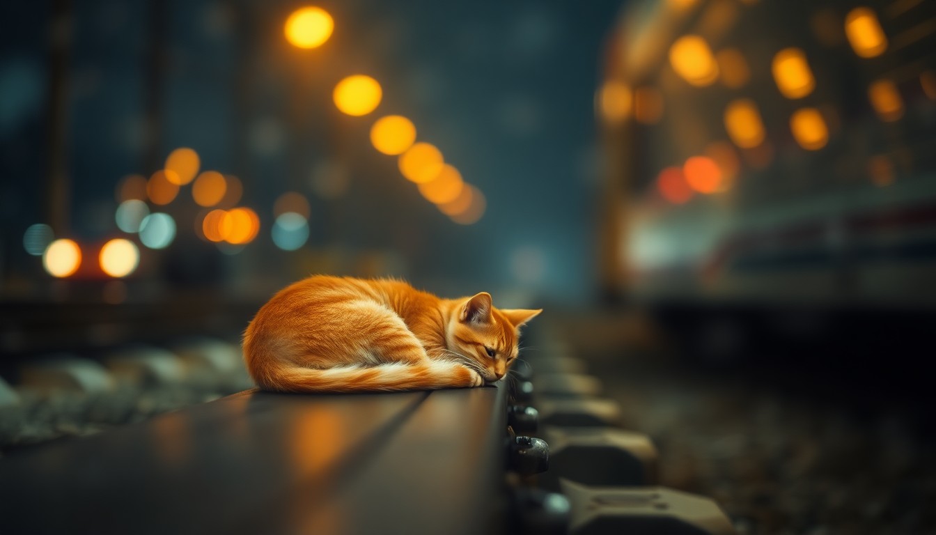 An extremely blurred and abstracted photograph showing the soft, warm outline of a small orange cat curled up on a set of railroad tracks, with the blurred lights of a passing train visible in the background, conveying a sense of the cat's resilience and the care it has received.