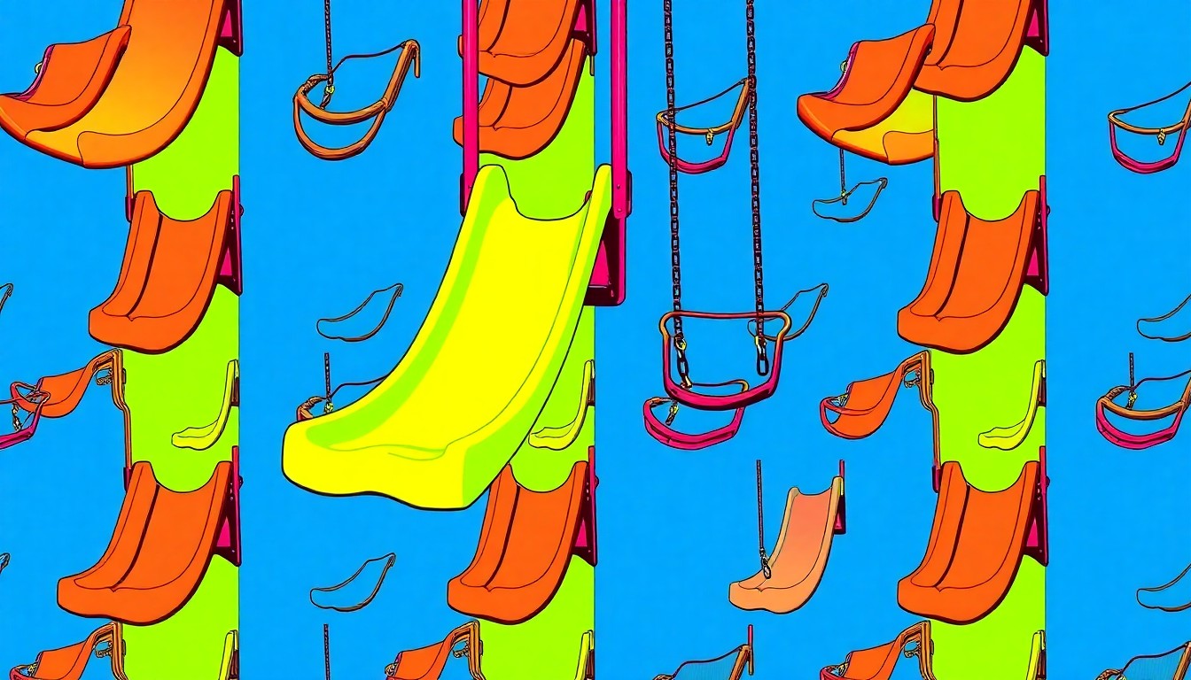 A bold, colorful silkscreen-style illustration featuring a repeated pattern of a children's swing set in neon shades of blue, green, and pink, conceptually representing the new playground equipment that will be installed as part of the West Park renovation.