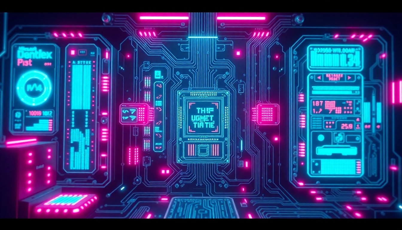 A highly detailed, glowing 3D macro illustration of a futuristic AI control panel or cybersecurity infrastructure, with neon cyan and magenta lights illuminating the complex circuitry and hardware, conceptually representing the tensions and risks within the AI industry.