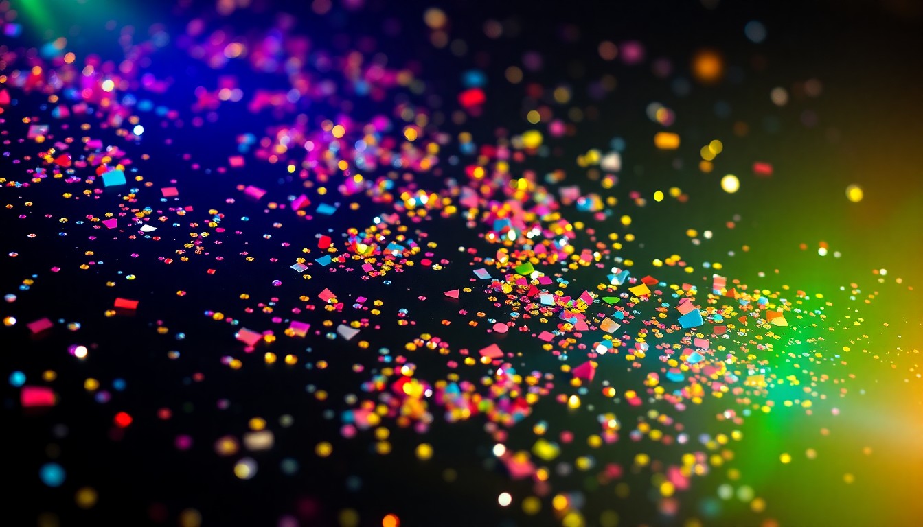 An extreme close-up of shimmering festival confetti and sequins scattered across a dark background, conveying the vibrant energy and glamour of the Coachella music event.