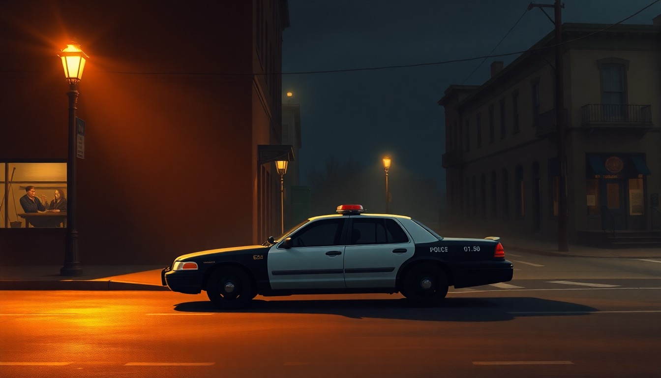 A realistic oil painting depicting a lone police car parked on a dimly lit street corner in Cincinnati, with warm sunlight casting long shadows across the scene, capturing the somber and reflective mood of the 25th anniversary of the 2001 unrest.