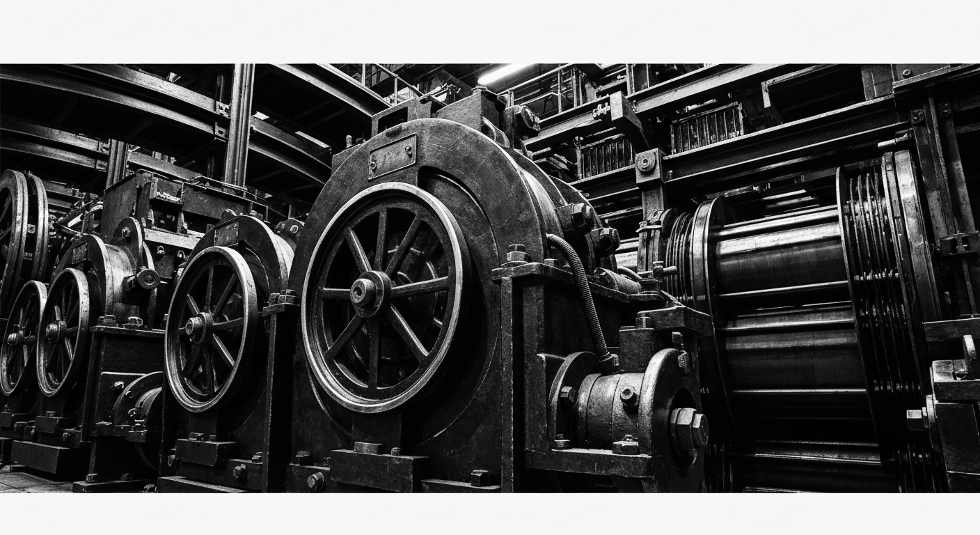 A high-contrast, cinematic close-up of heavy, industrial banking machinery and financial infrastructure, representing the institutional power and economic security of the asset management industry.