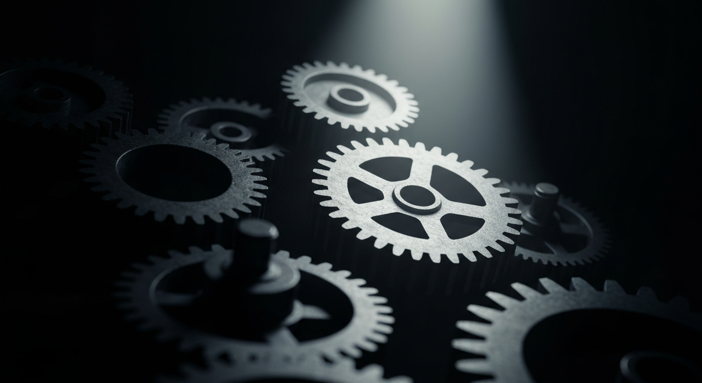 A highly detailed, black and white close-up image of the inner workings of a complex financial system, with gears, cogs, and other industrial components filling the frame to represent the intricate nature of a major semiconductor company's operations.