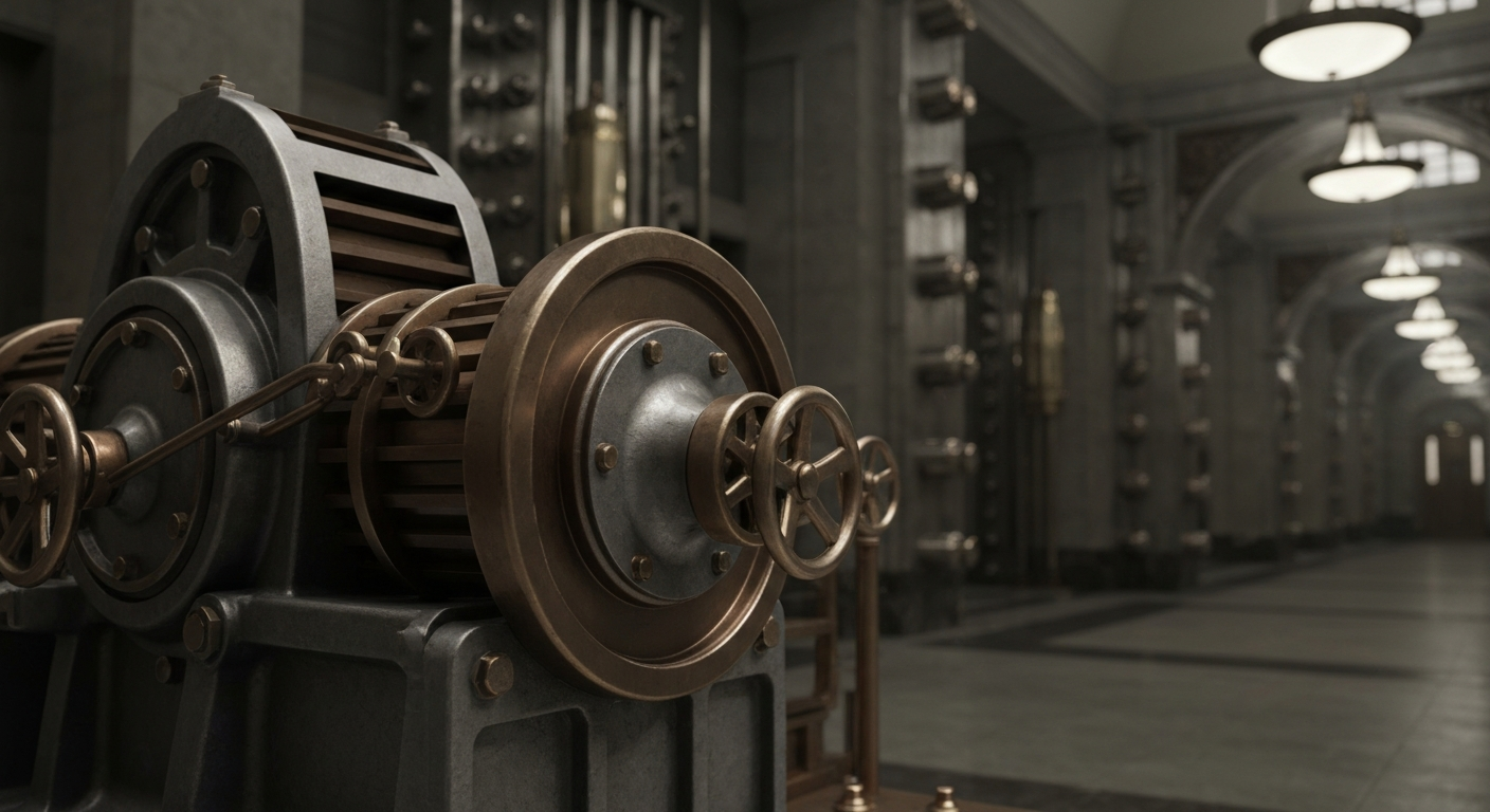 An extreme close-up of intricately engineered banking and financial equipment, conveying the intricate mechanics of corporate transactions and executive decision-making.