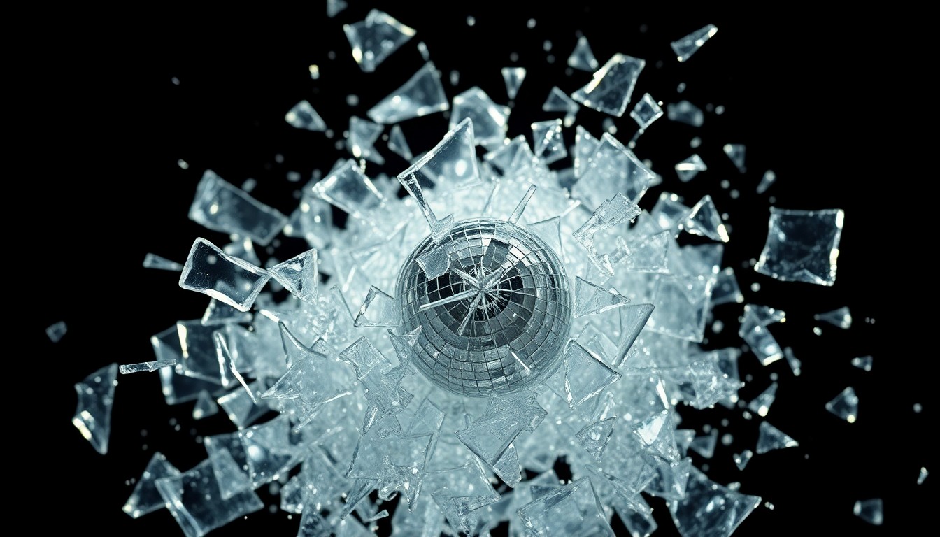 An extreme close-up of shattered, reflective glass shards in high-contrast studio lighting, conceptually representing the chaotic energy and unpredictable nature of the animated comedy series 'Universal Basic Guys'.