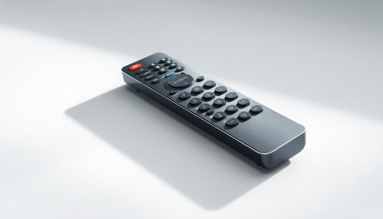 A high-end, photorealistic studio still-life photograph featuring a sleek, modern TV remote control made of brushed aluminum and glass, floating on a clean white background and dramatically lit from the side.