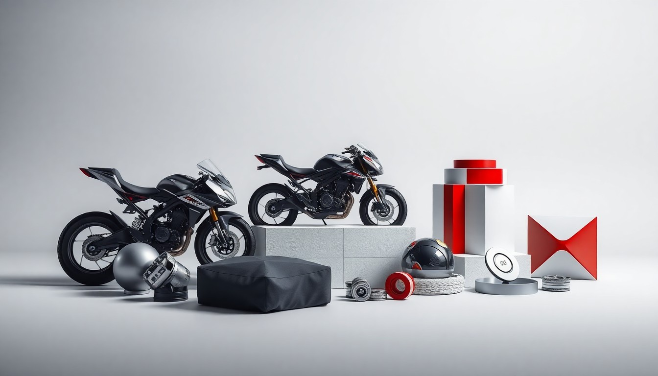 A high-end, photorealistic studio still-life photograph featuring a collection of premium motorsports-themed objects, including a sleek trophy, a polished metal gear, and a smooth carbon fiber component, arranged elegantly on a clean, monochromatic seamless background, conceptually representing the commercial strategy and industry partnerships that drive the motorsports industry.