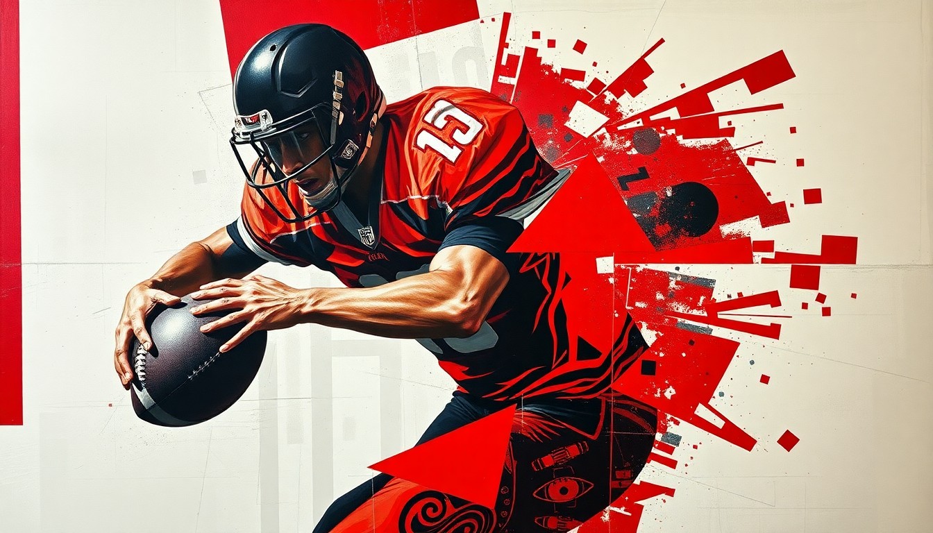 A fractured, cubist-style painting depicting a football player in the act of rushing the edge, with sharp, overlapping geometric shapes in a palette of crimson, black, and white, conceptually representing a change in defensive philosophy.