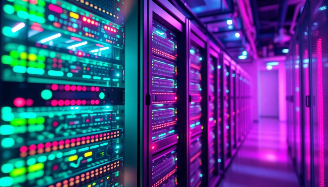 A highly detailed 3D illustration of a glowing, futuristic data center server rack, with neon cyan and magenta lights illuminating the intricate hardware components, conceptually representing the powerful AI technology that GroundVue is using to analyze public meeting recordings.