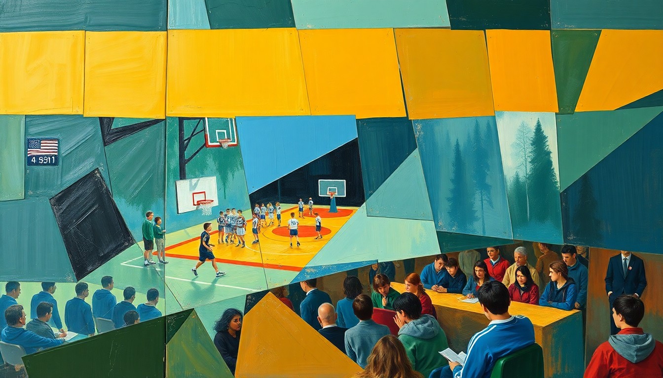 A fragmented, cubist-style painting depicting an awards ceremony, with geometric shapes and planes in shades of blue, green, and ochre representing the event and its honorees.