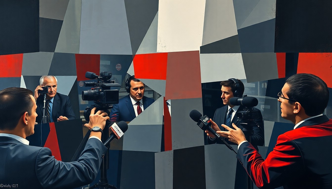 A fragmented, cubist-style painting depicting a sports media event, with sharp geometric shapes and planes in muted colors representing the underlying tensions and lack of transparency in the industry.