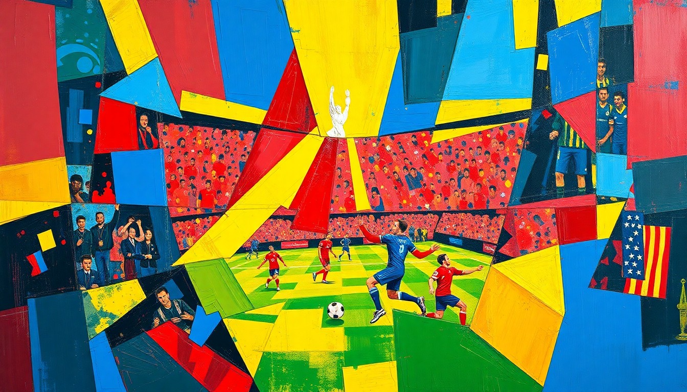 A cubist, geometric painting depicting a fragmented soccer match or celebration, with sharp planes of bright blue, red, and yellow colors overlapping to create a dynamic, abstract scene.