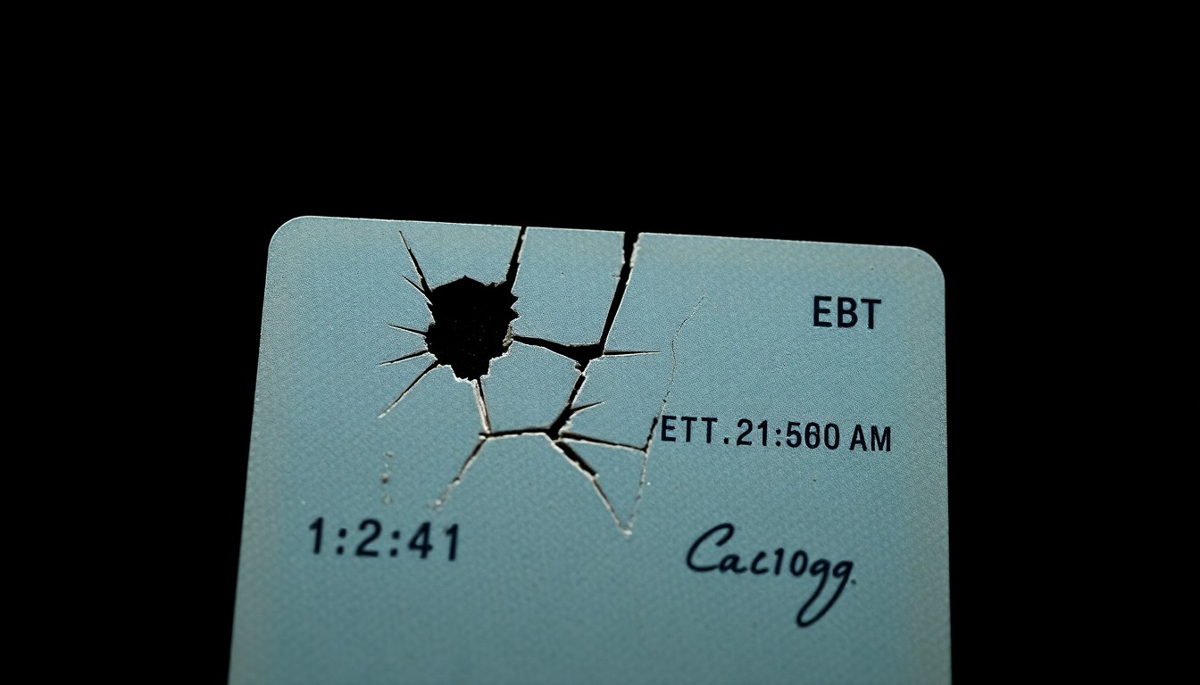 An extreme close-up photograph of a cracked and damaged EBT card, conceptually representing the theft and misuse of government food assistance funds.