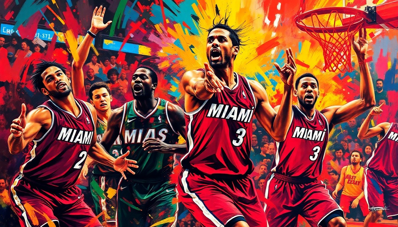 An abstract, energetic painting featuring bold, expressive brushstrokes in vibrant neon colors, capturing the raw intensity and emotional experience of Miami Heat players competing in a high-stakes playoff game.