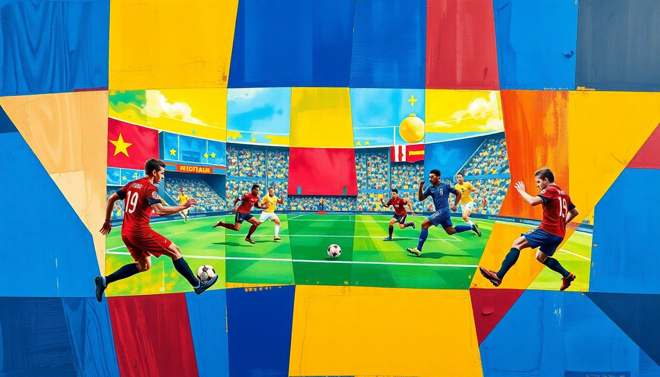 A cubist, fragmented painting depicting a soccer match or competition, with sharp geometric shapes and planes in vibrant colors like blue, red, and yellow, conveying the dynamic and competitive nature of the transfer market.