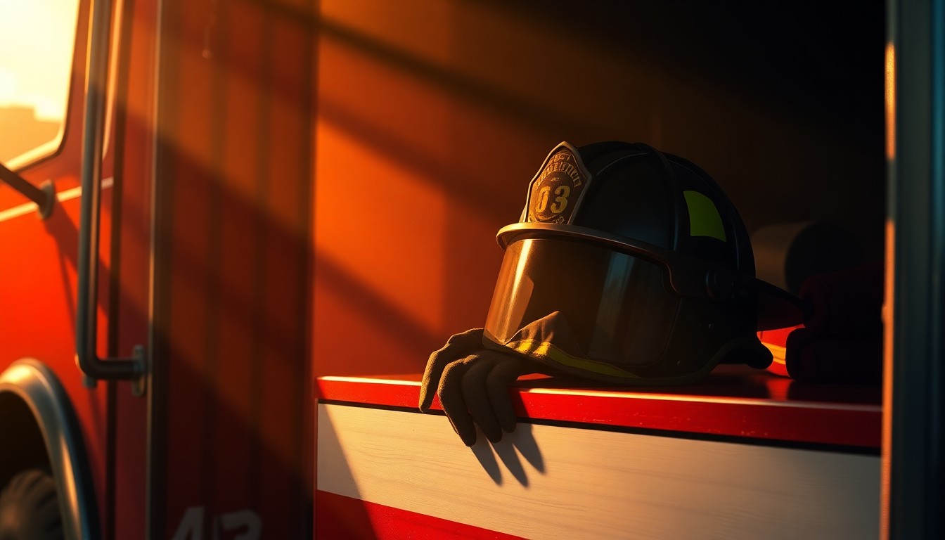 A solitary firefighter's helmet and gloves rest on the side of a fire truck, the scene bathed in warm, cinematic light and deep shadows, conveying a sense of quiet contemplation and the importance of maintaining professionalism in emergency services.