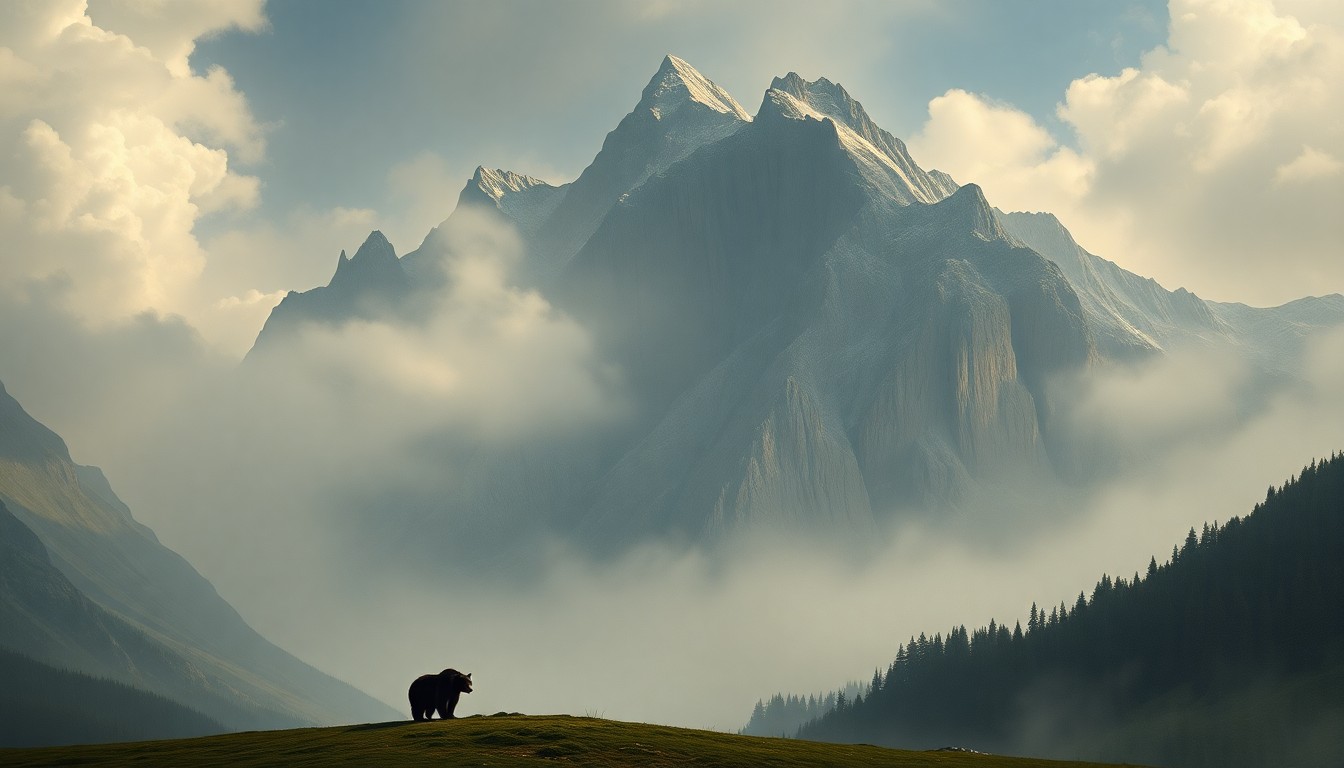 A dramatic landscape painting in muted tones, with a lone black bear silhouetted against a towering, misty mountain range, conveying the overwhelming scale and power of the natural environment.