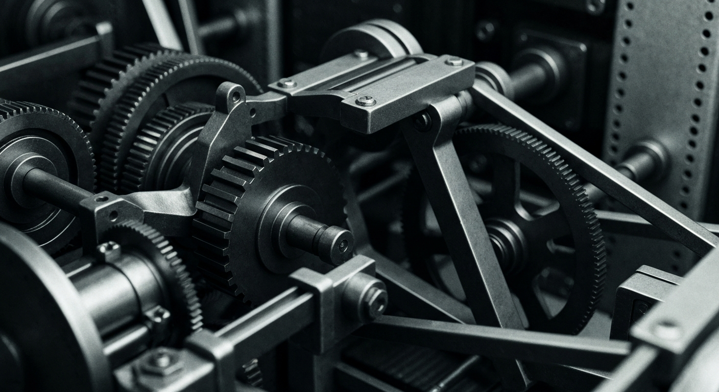 An extreme close-up of the gears, cables, and metallic components that make up the internal workings of a financial data processing system, conveying the idea of a robust, high-tech infrastructure supporting a financial services company's operations.