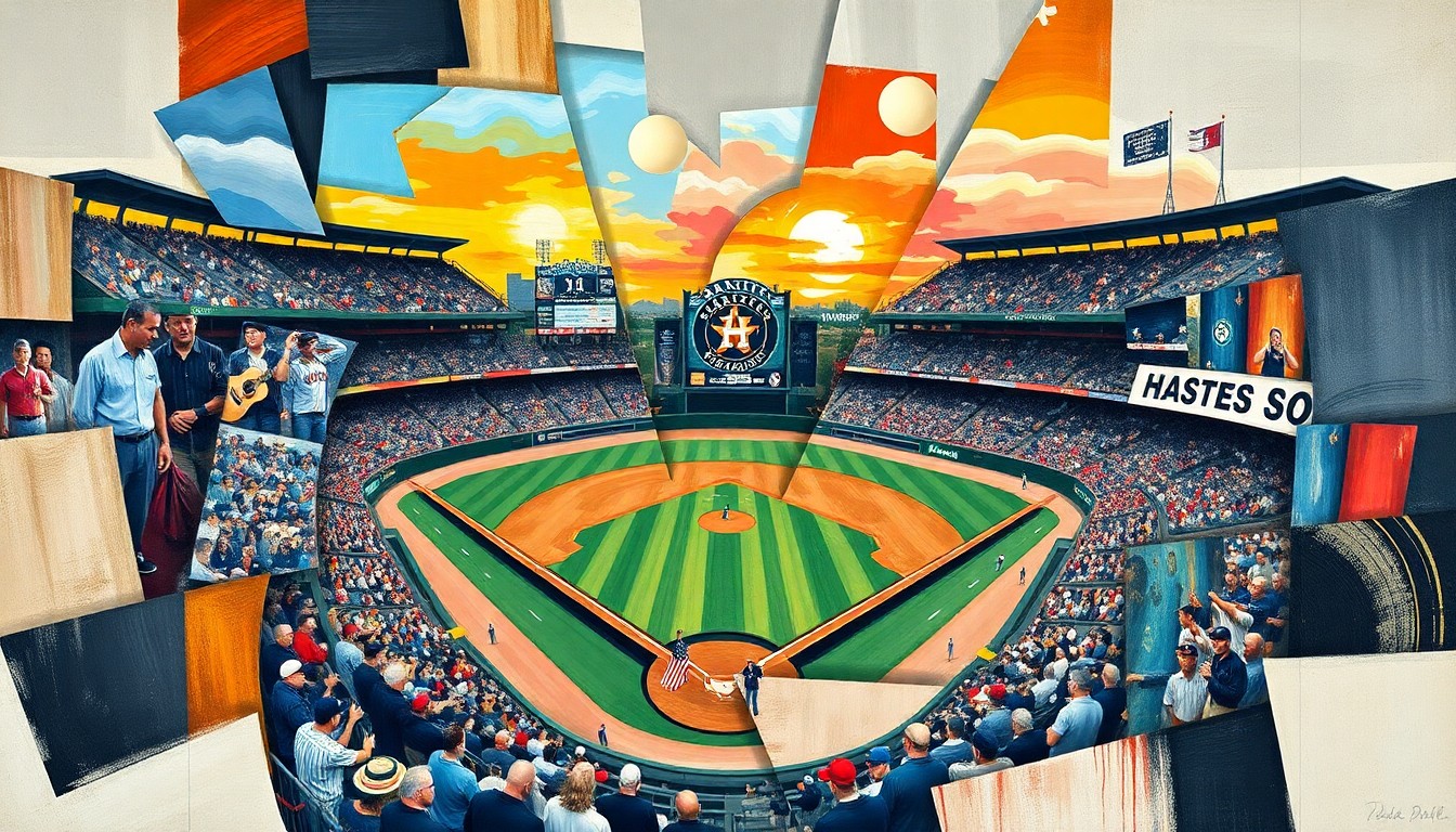 A fragmented, geometric painting depicting a baseball game between two teams, with players and the field broken down into sharp, overlapping shapes and planes of color, conveying the intensity and movement of the sport.
