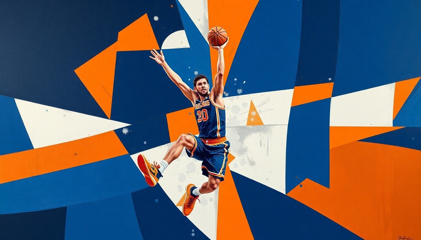 A fractured, cubist-style painting depicting a basketball player's movements broken down into sharp, geometric shapes and planes in navy blue, orange, and white tones.