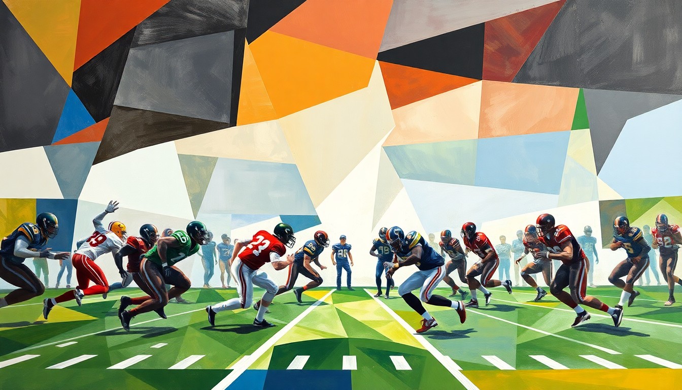 A cubist, geometric painting depicting the fragmented, overlapping forms of high school football players in action, with no identifiable individuals or text, capturing the competitive nature of recruiting top talent.