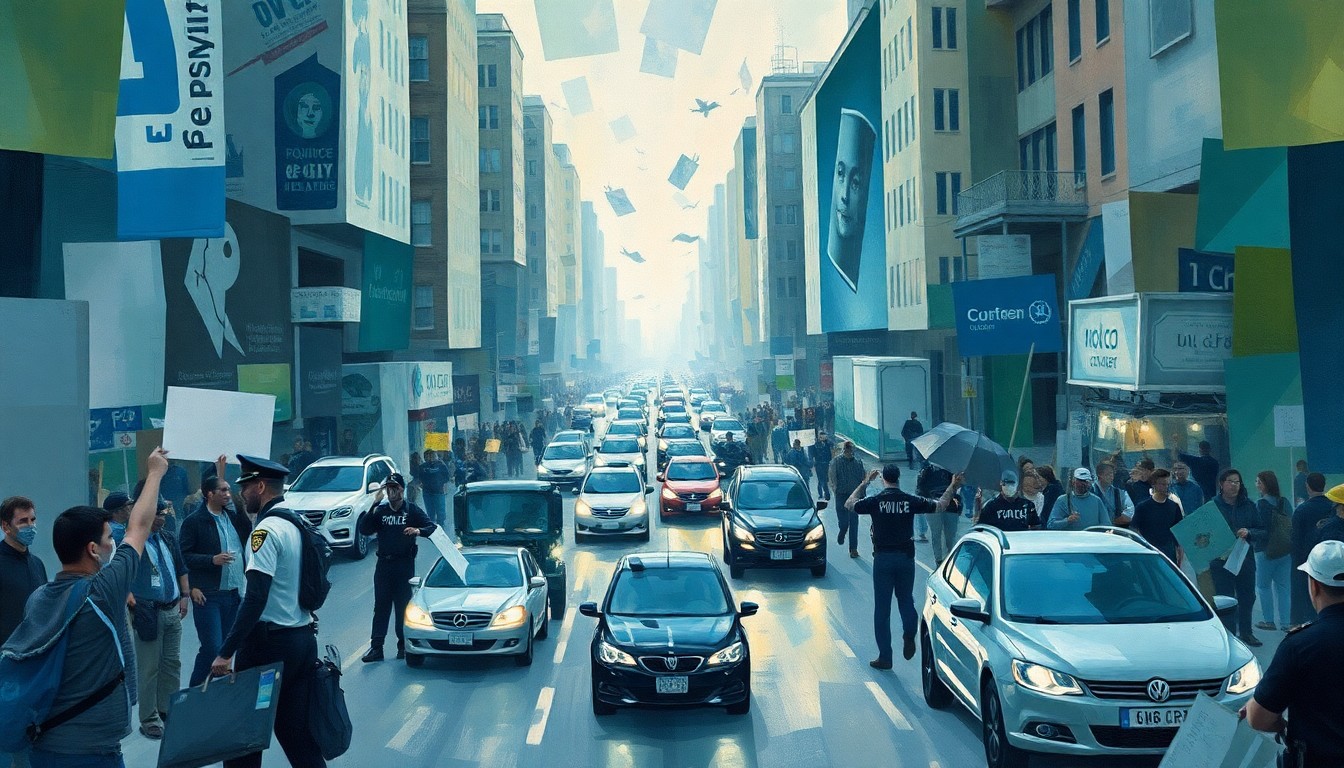 A fractured, abstract painting in shades of blue, green, and gray depicting a chaotic urban street scene with overlapping figures and vehicles, conveying the energy and disruption of a political protest.