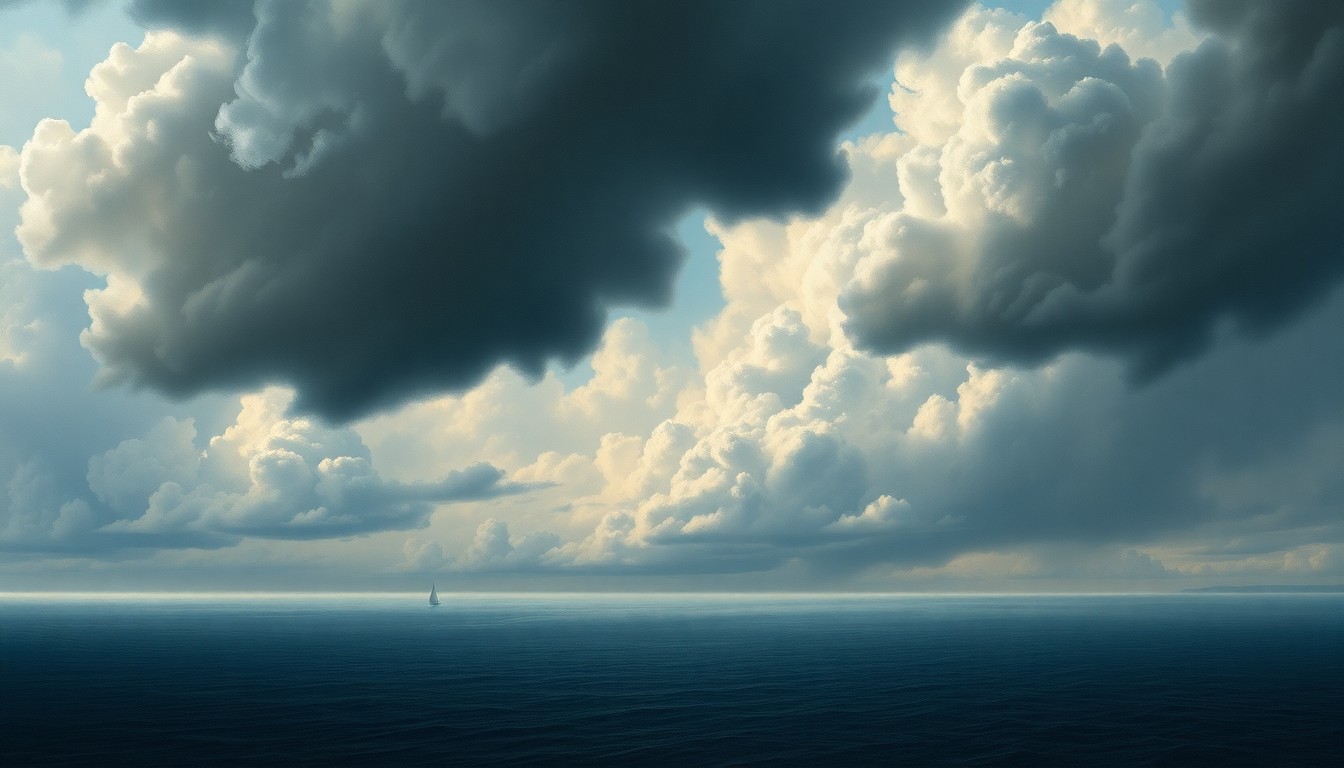 A sweeping, atmospheric landscape painting in muted blues and grays, with a stormy sky and calm waters dominating the scene, conveying the overwhelming power of nature.