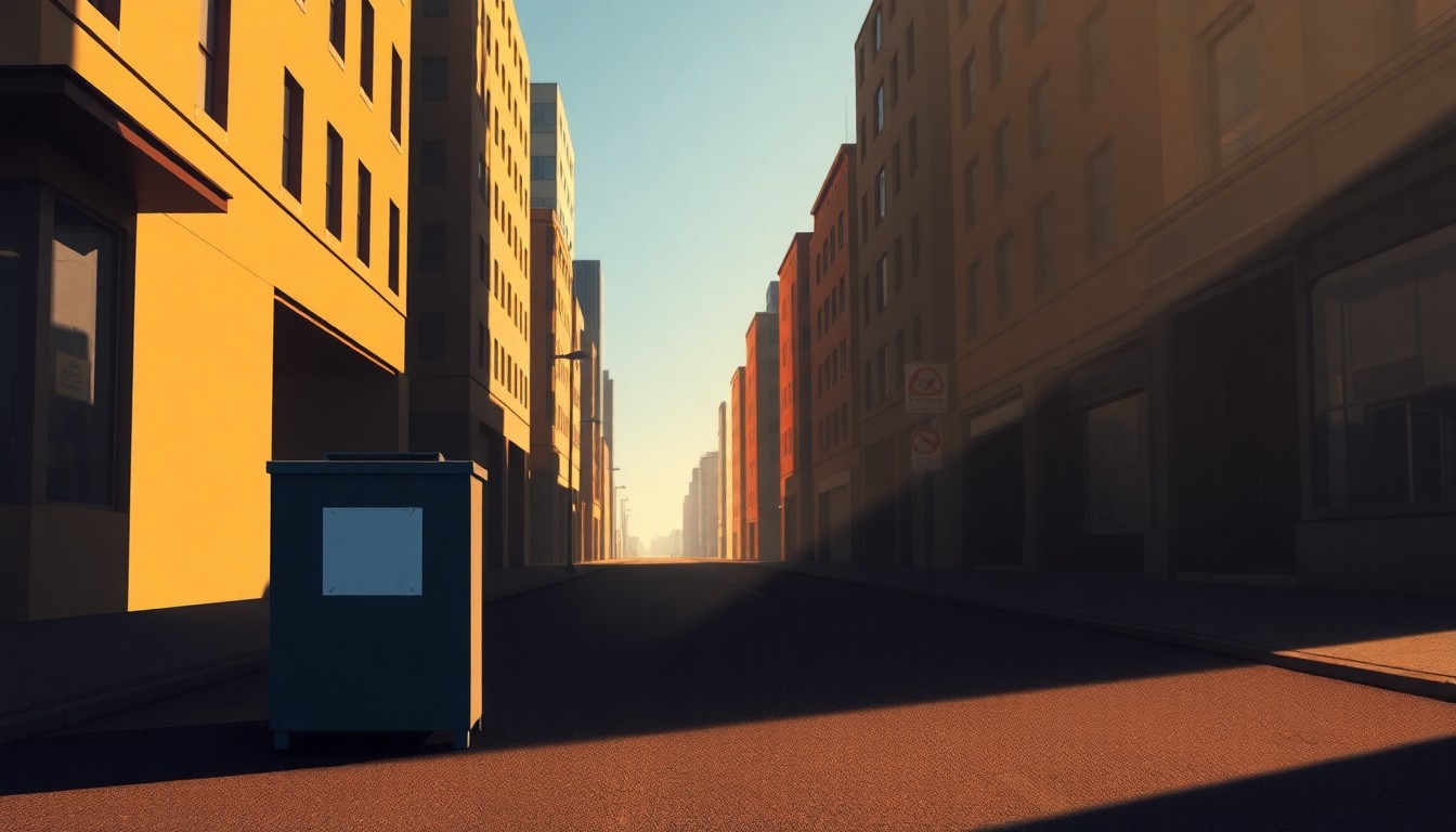 A photorealistic painting of an old-fashioned metal ballot box sitting alone on an empty city sidewalk, with the box illuminated by warm, angled sunlight and surrounded by deep shadows, evoking a sense of civic duty and democratic process.