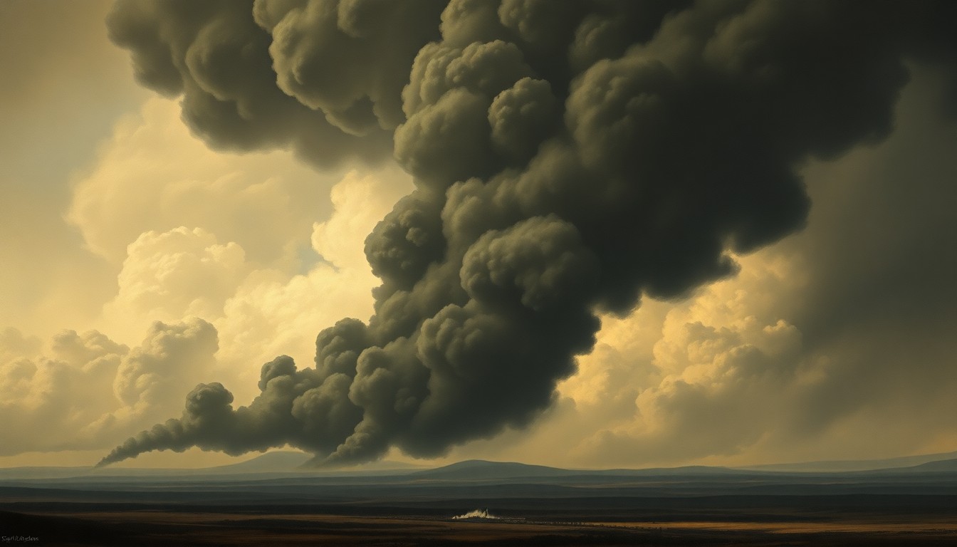 A dramatic, atmospheric landscape painting in muted tones of gray and blue, with a massive plume of black smoke billowing up from the distant horizon, obscuring the details of any physical structures or vehicles and conveying a sense of the overwhelming power of nature.