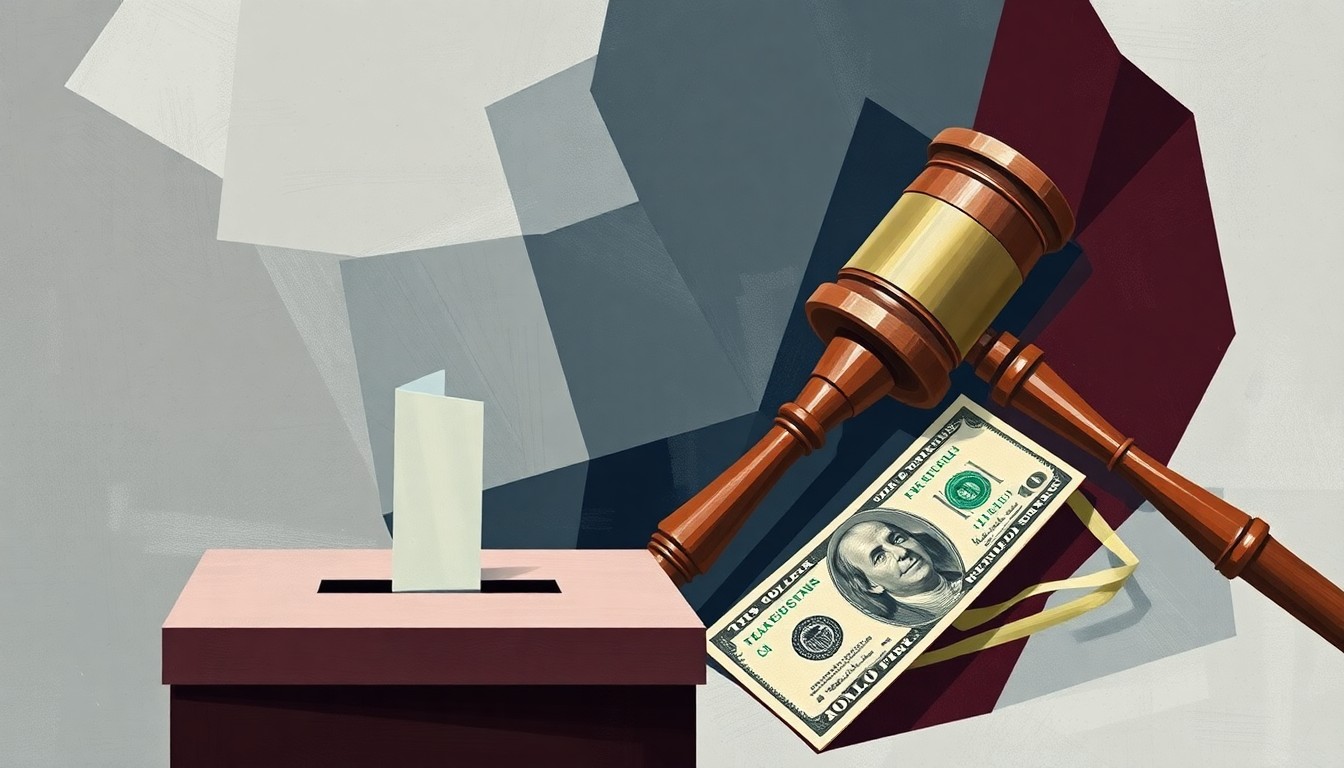 A fractured, abstract painting featuring geometric shapes and overlapping forms in shades of gray, navy, and burgundy, representing the complex and troubling issues surrounding a political candidate's alleged misconduct.