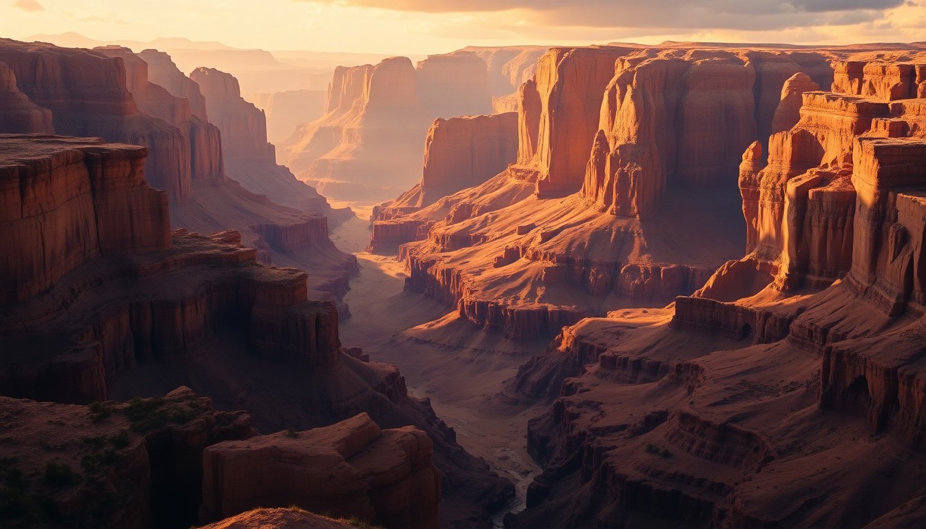 A vast, majestic landscape painting depicting the towering cliffs and canyons of Moab, Utah, with dramatic lighting and deep atmospheric perspective conveying the overwhelming scale and power of the natural environment.