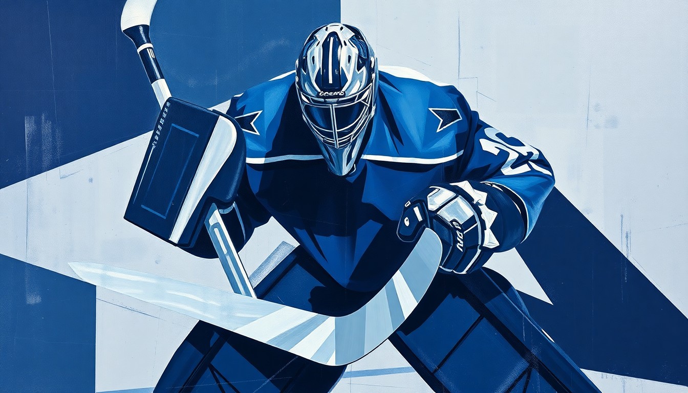 A cubist, geometric painting depicting the fragmented movements and equipment of a hockey goaltender, representing the impactful career of Jonathan Quick coming to a close.
