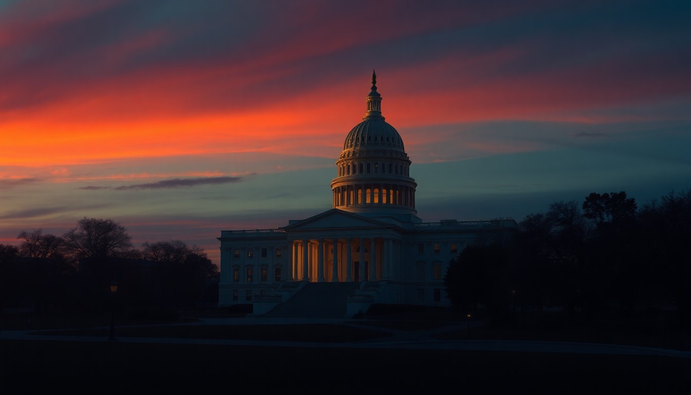 A dimly lit, cinematic painting of a lone state capitol building at dusk, bathed in warm, diagonal sunlight and deep shadows, capturing the quiet contemplation of a political career coming to an end.