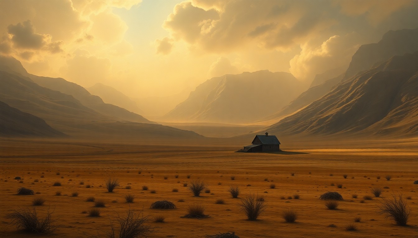 A vast, atmospheric landscape painting depicting a small farmhouse or barn structure dwarfed by an expansive, arid field under a dramatic, backlit sky, conveying the overwhelming scale and power of the natural environment.