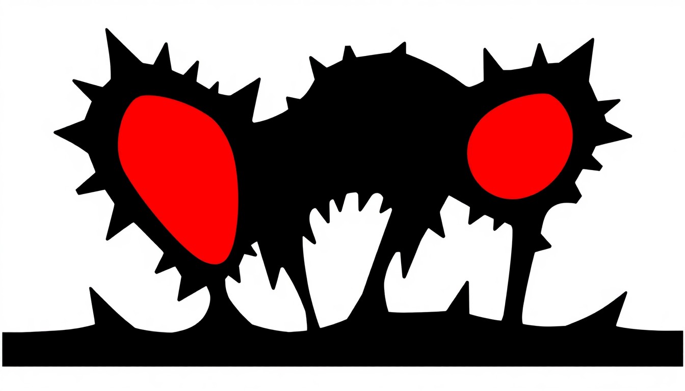 An abstract, minimalist composition of stark black silhouettes and bright red geometric shapes, conceptually representing the vibrant, fantastical visual style of classic Krofft children's television programs.