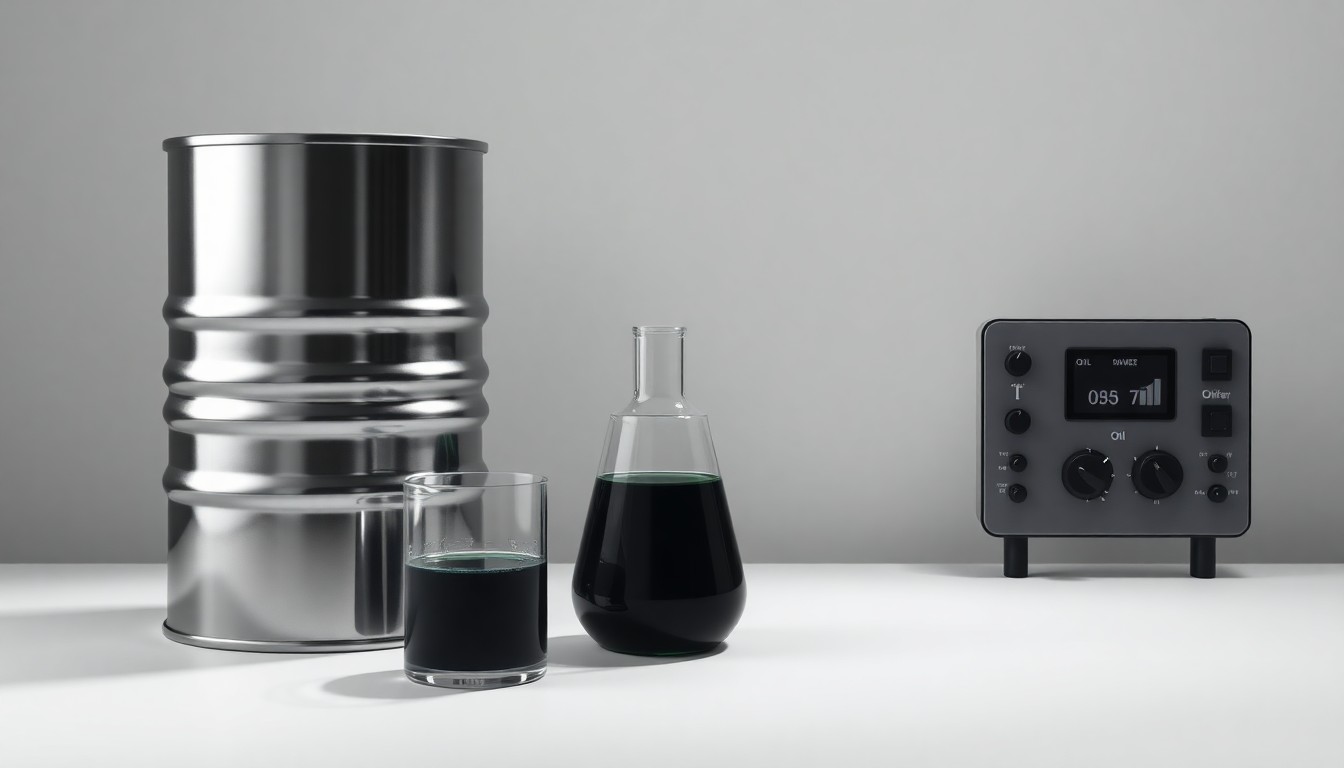 A minimalist, photorealistic studio still life featuring a polished metal oil barrel, a glass beaker filled with a viscous liquid, and a sleek, geometric control panel against a clean, monochromatic background, symbolizing the complex factors involved in the oil industry.