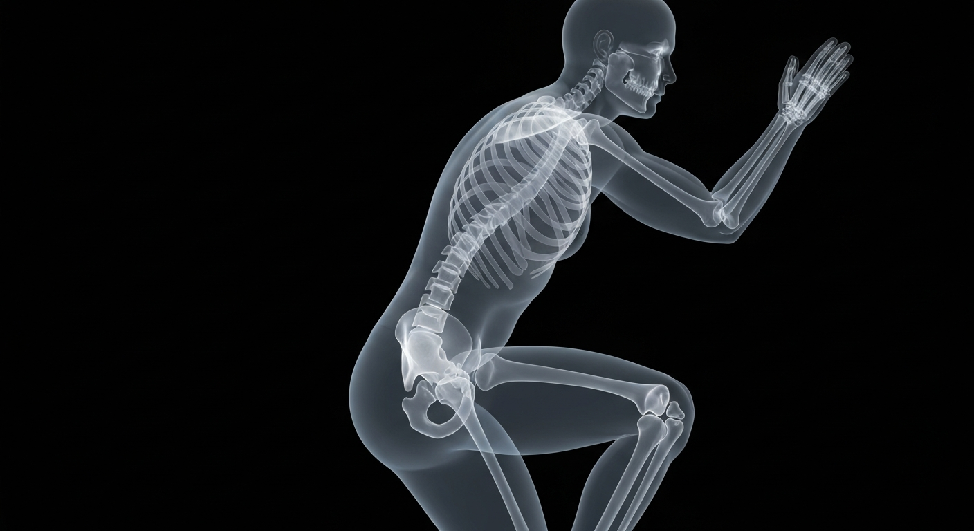 A ghostly, translucent X-ray photograph showing the skeletal structure of a person performing a squat exercise, with glowing bones and joints against a dark background, conceptually representing the rebuilding of strength and mobility.