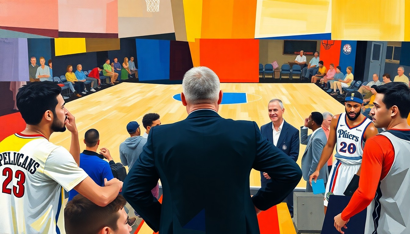 A fragmented, geometric painting depicting the dynamics of a basketball coaching search, with sharp planes of color representing the various candidates and stakeholders involved.