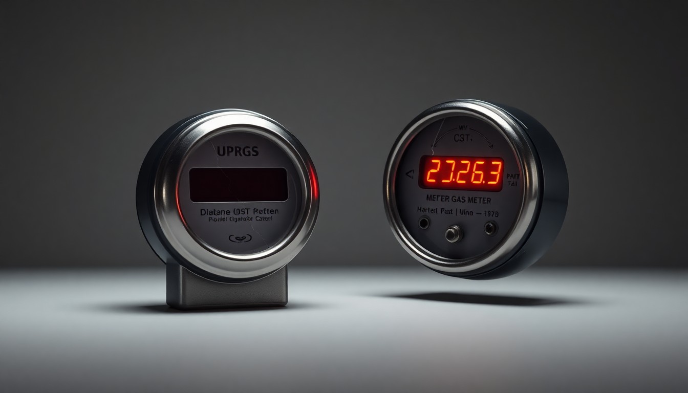 A close-up photograph of a shiny, metallic gas meter with a cracked digital display reflecting a dim red light, set against a clean, monochromatic grey background with dramatic studio lighting and deep shadows.